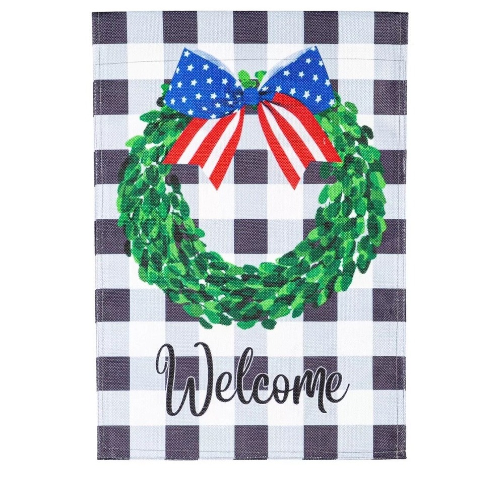 Meadow Creek Boxwood Plaid Garden Burlap Flag Patriotic NEW